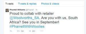 Pharrell Williams tweet South africa