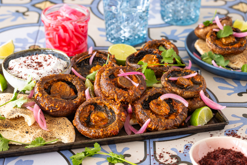 Harissa Butter Roasted Mushrooms with Spicy Lemon Yoghurt