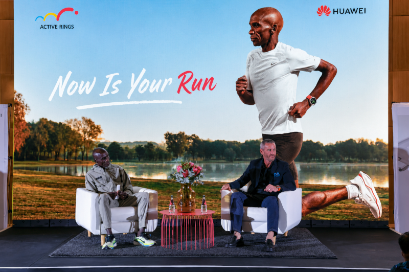 Eliud Kipchoge speaks at a Huawei event in Cape Town