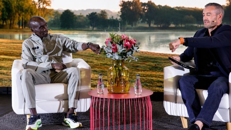 Eliud Kipchoge shows off his special edition Huawei Watch GT Runner 2 in Cape Town