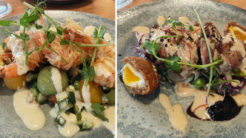 Our starters included Kataifi Prawns, Duck Breast, and an amuse-bouche on arrival.
