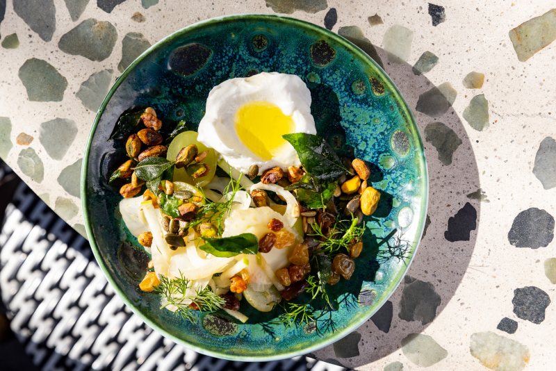 Upper Union - Grape & apple salad with ooling sultanas, preserved lemon labneh & devilled pistachios